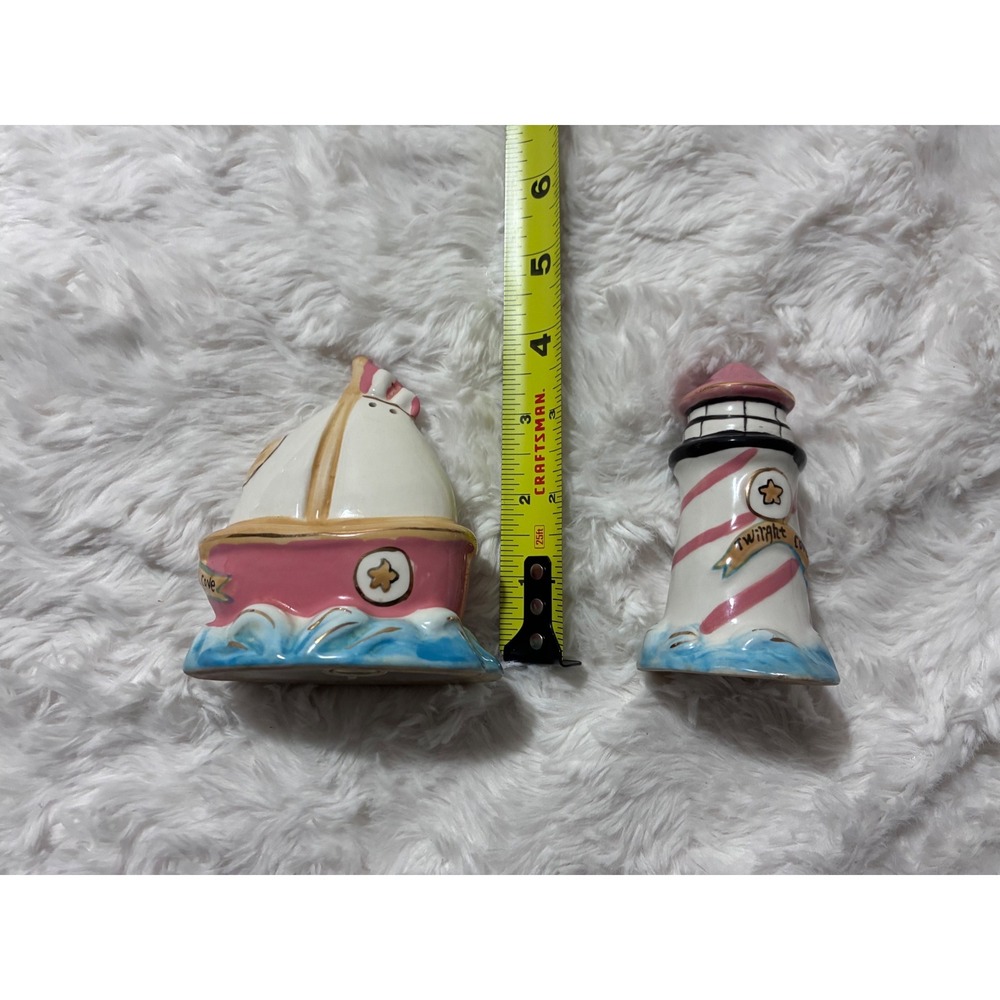Blue Sky Heather Goldminc Twilight Cove Sailboat Lighthouse Salt Pepper Shakers